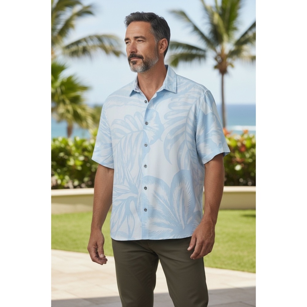Tommy Bahama Mens 4XLB Palm Coast Fresco Camp Shirt Aqua Ice Blue NWT